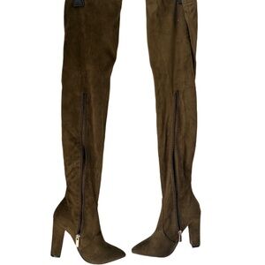 ***NWOT*** Thigh-High Olive Velvet Boots – High Heel & Inside Zipper